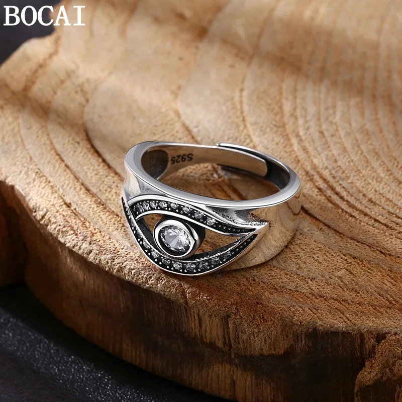 BOCAI New S925 Pure Silver Retro Trendy Jewelry Wholesale Inlaid Zircon Eye Rings Selected Gifts for Men and Women