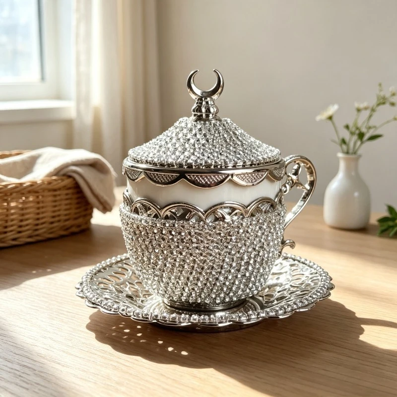 Turkish Silver Coffee Cup Set Mug Saucer Handmade Crystal Ottoman Premium Royal Elegant Vintage Home Decor Luxury Exquisite X