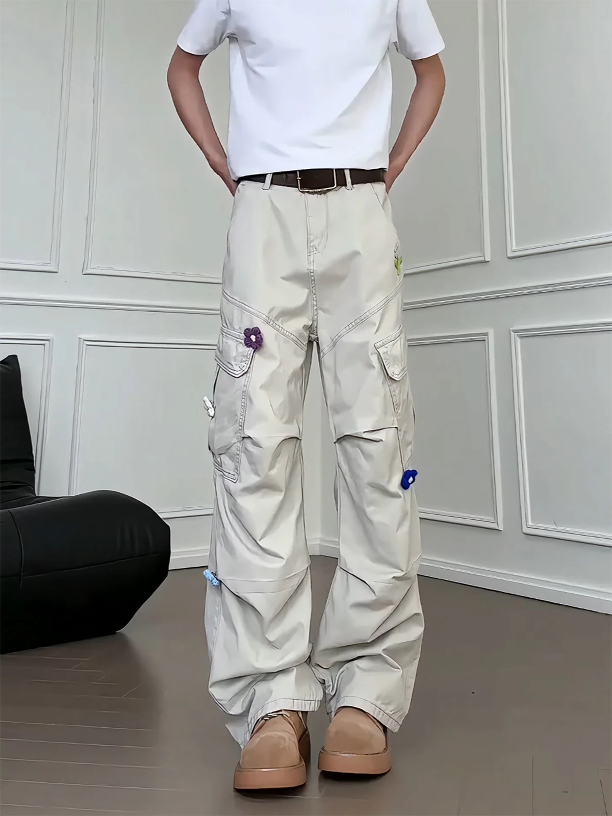 

Khaki Workwear Pants Men's Straight Leg Drapey Casual Trousers Multi-Pocket Patchwork Slimming High Street American Style