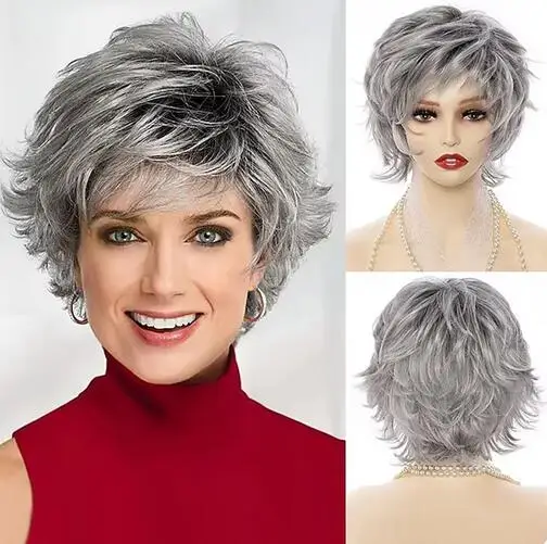 Synthetic Hair Mix Color for Women Heat Resistant Fiber Daily Short Curly Wigs Gray Fluffy Layered with Bangs