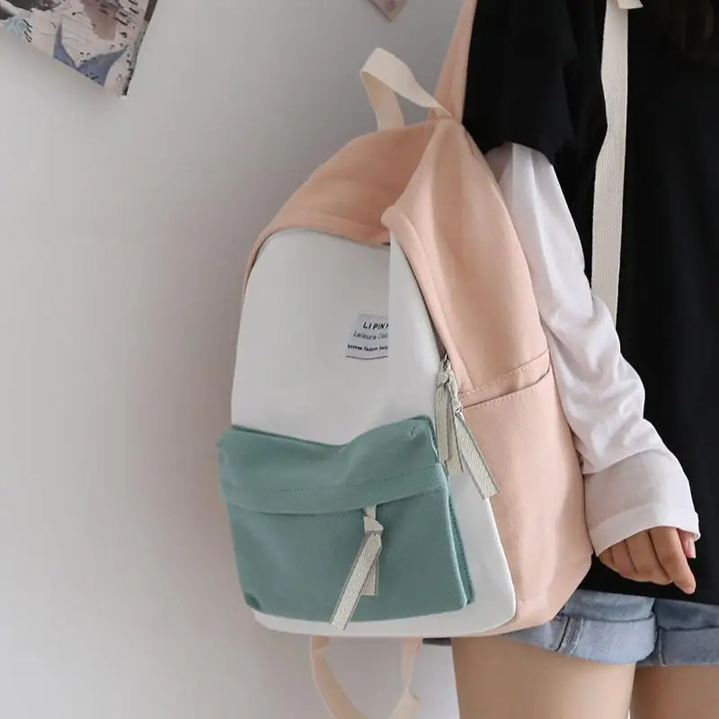 New Canvas Backpack for Girls Junior High School Patchwork Color Block  College Style Korean Simple High Aesthetic Dual ...