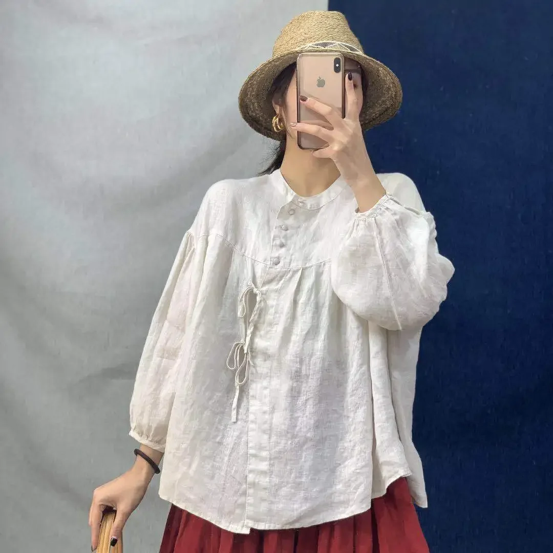 2024 New Linen Vintage Pull Sleeve Loose Solid Color Womens Tops And Blouses Summer Simple Korean Tie Button Shirts