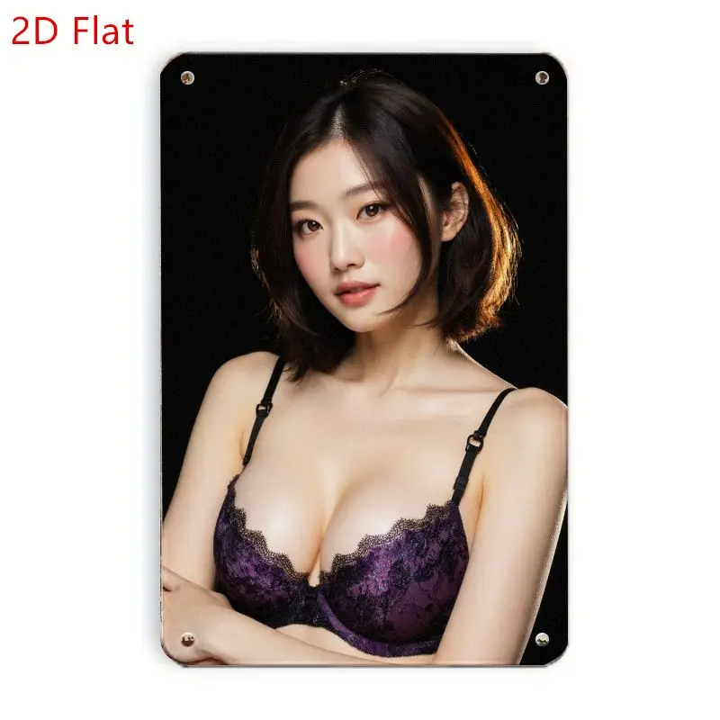 

2D Flat Image | Woman with Short Wavy Brown Hair, Light Highlights, Purple Lace Bra, Black Straps