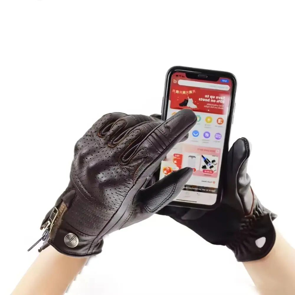 

Vintage Leather Motorcycle Summer Gloves for Men & Women Offroad Electric Bike Glove with Touchscreen Full Fingers Accessories