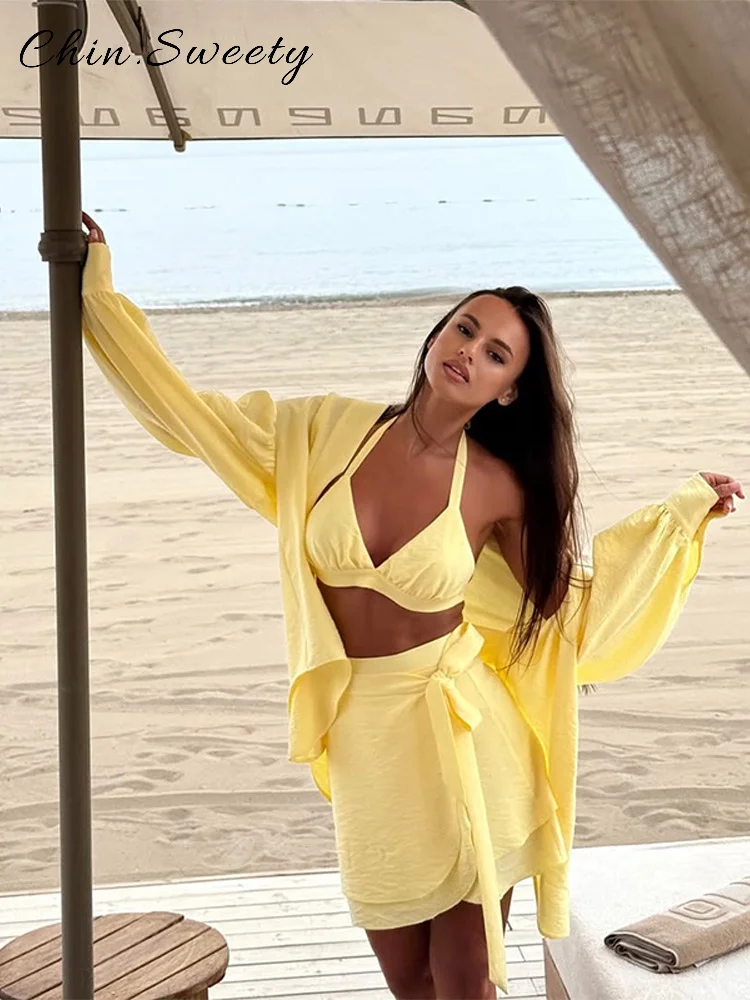 

Сексуальная рубашка-бикини, комплект с юбкой, женский однотонный укороченный топ с лямкой на шее, свободные рубашки с длинными рукавами, мини-юбки на шнуровке, 2025 летний женский пляжный костюм