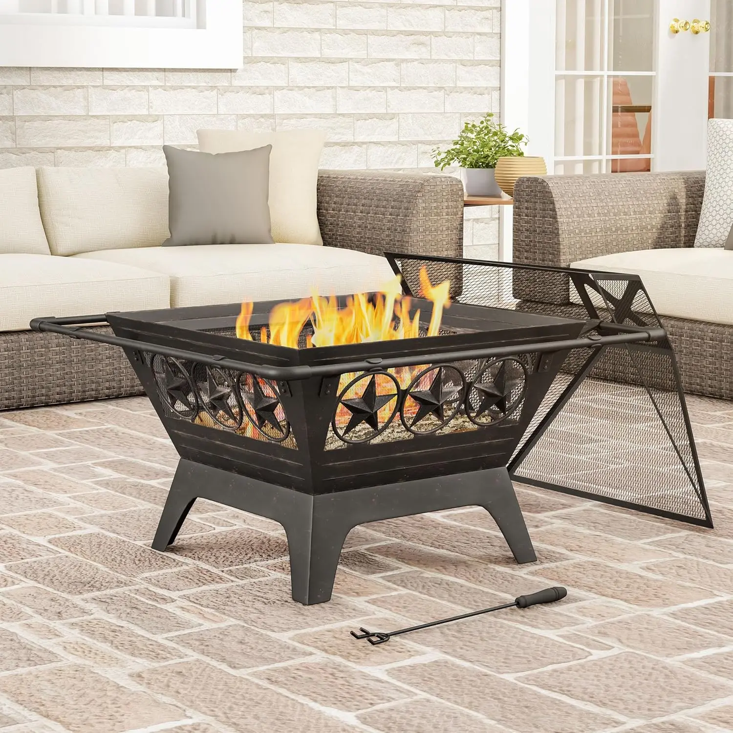 Outdoor Fire Pit - 32-Inch Square Star Wood Burning Firepit, Spark Screen, Poker, Grate and Cover - Wood Fire Pits & Outdoor