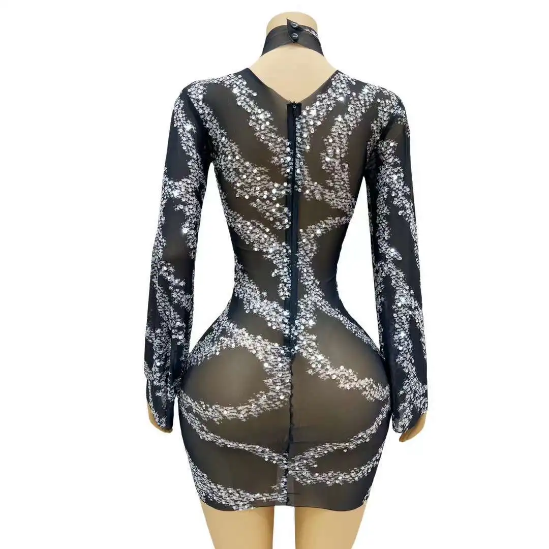 Glamorous Black Diamond Birthday Party Stage Dress Women's Half Turtleneck Long Sleeve Mesh A-Line Evening Gown Vestido De Festa