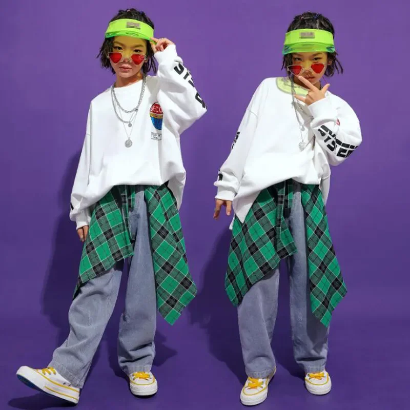 Costumes Outfit KidsStage Ballroom Dancing Clothes Wear Kids Loose Hip Hop Clothing White Sweatshirt Boys Girls Jazz Dance wear