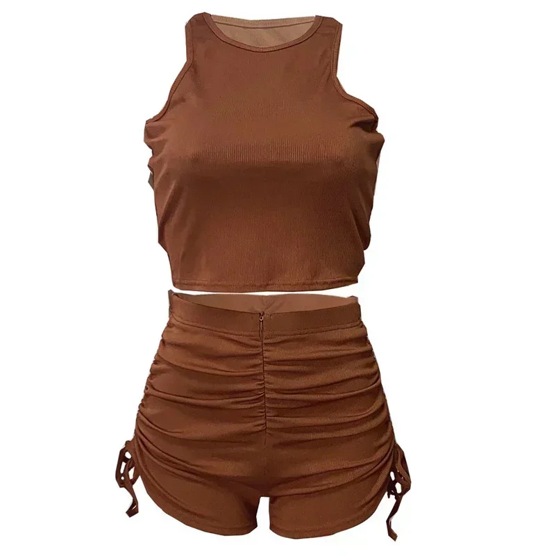 GUWU Fashion Knitted Ribbed Two 2piece Set Elegant Active Yoga Women's Set Sleeveless Tank and Ruched Shorts Tracksuit Outfit