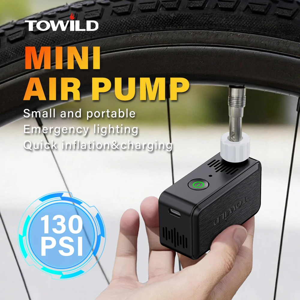 

TOWILD A05 Mini Electric Air Pump 130PSI Portable Bicycle Cordless FV/AV Tire Inflator Presta Schrader Valve MTB Bike Tiny Pump