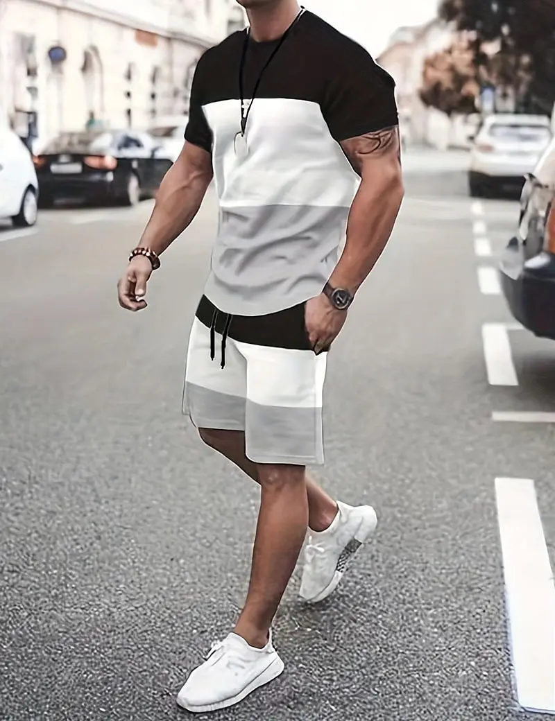 Men's 3D Color Block Print T Shirt Shorts Set Fashion Men Women T-Shirts Two-Piece Outdoor Street Casual Sport Tracksuit Outfits