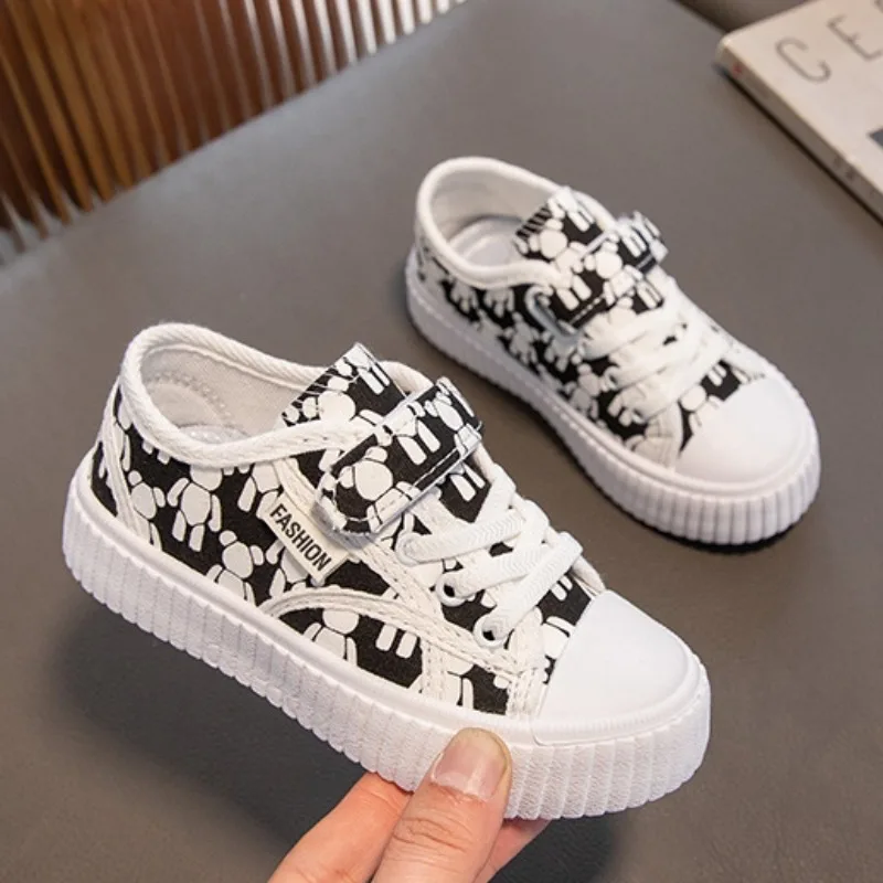 Girls Little Bear Canvas Shoes Fashion Kids Casual Shoes Breathable Soft Sole Child Sneakers Toddler Boys Non-slip Board Shoes