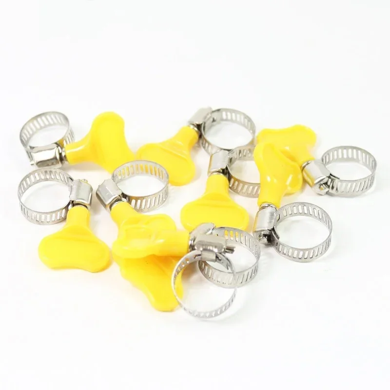 10pcs 8-38mm Adjustable Yellow Plastic Handle Hand Twist Hose Clamps Worm Driving Stainless steel Pipe Clips For Tube