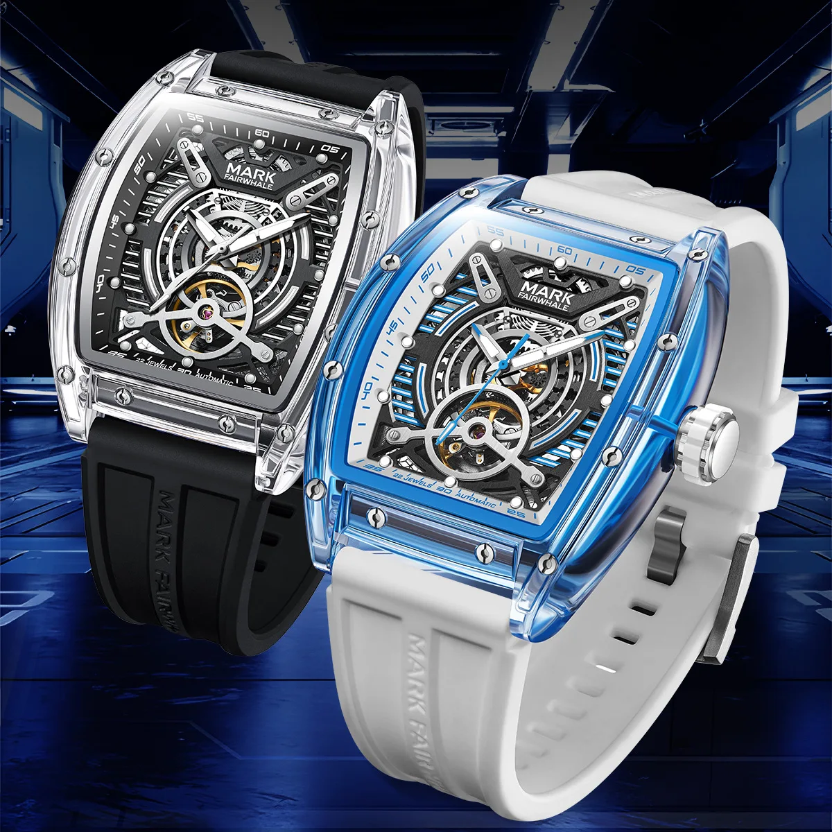 

Mark Fairwhale Men's Military Sport Mechanical Watch Waterproof Automatic Tourbillon Silicone Strap Tonneau Dial Clock