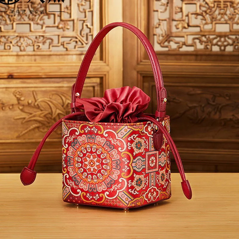 Chinese Style Red Bride's Wedding Bag Women's Handbags Crossbody Bucket Bag Genuine Leather Womens Cheongsam Hanfu Messenger Bag