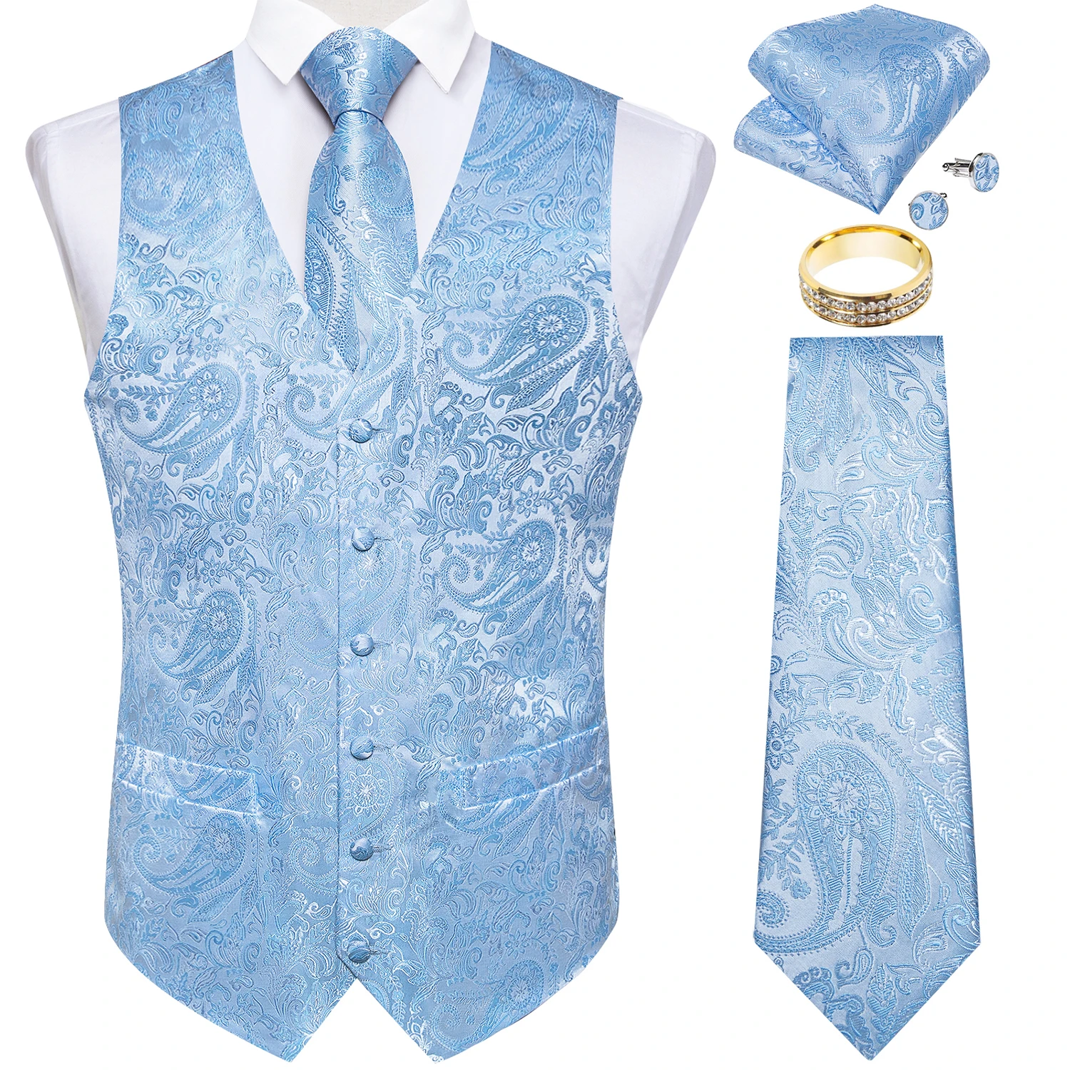 Light Sky Blue Solid Paisley Vest Full Kit Tie Pocket Square Cufflinks Shiny Ring For Engagement Party Office Event