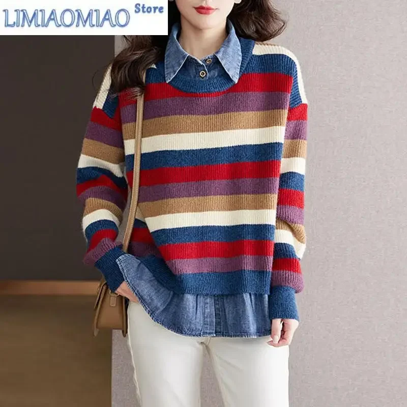 جديد الخريف والشتاء موضة الاتجاه المرقعة قميص وهمية قطعتين مخطط فضفاض تنوعا النمط الأجنبي محبوك سترة #3