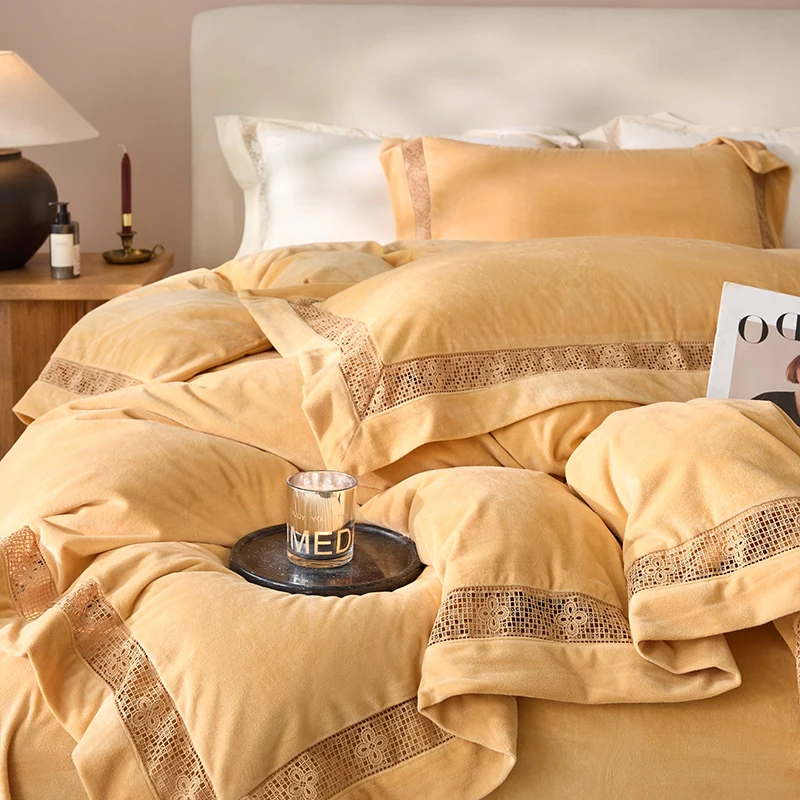 Winter Warm Thick Gold Velvet Lace Hollow Wide Edge Bedding Set, Furry Warm Duvet Cover Set, Flat/Fitted Bed Sheet, Pillowcases