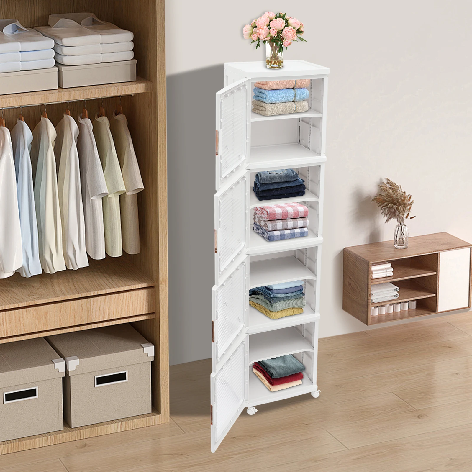 

Прозрачные белые шкафчики из ПЭТ/ПП 14.56x11.41x65.35 дюймов, 4-х уровневые, на колесиках, со складными секциями для хранения