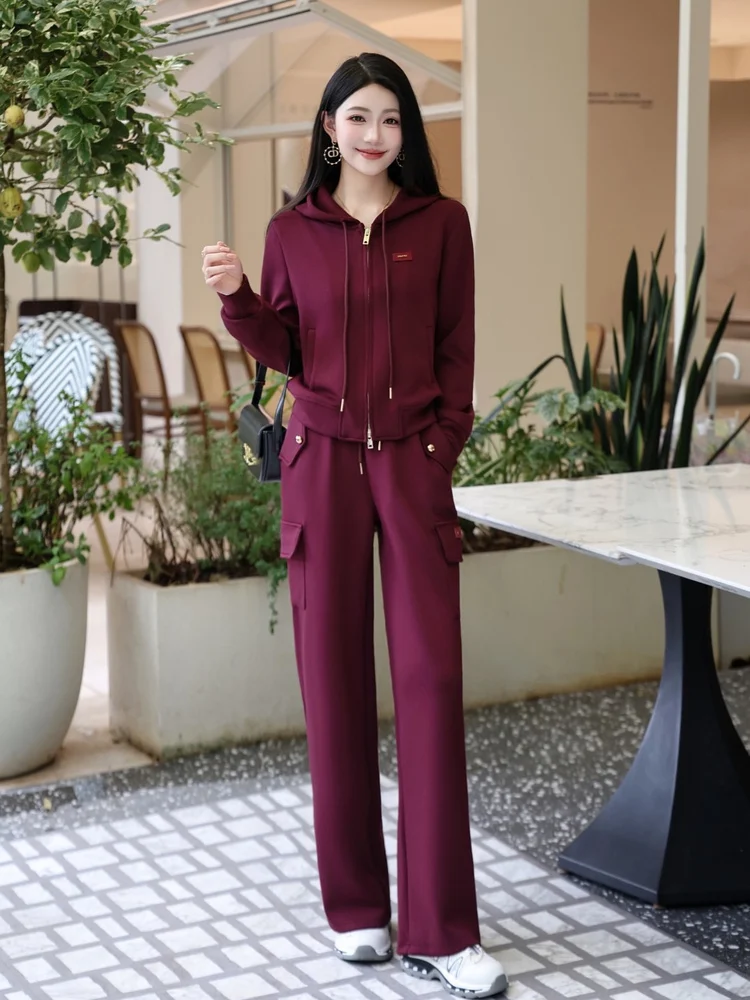 

Fashionable Casual Wide Leg Pants Set Women's Autumn Winter New Arrival Two Piece Suit Elegant Hoodie Top And Loose Trousers