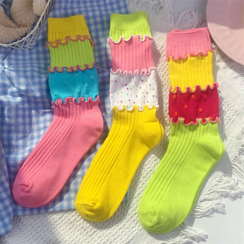 Women's Socks Dopamine Colored Splicing Style Street Cotton Socks Middle Tube Girls Gift Fashion Warm Thick Cute Creative Sweet
