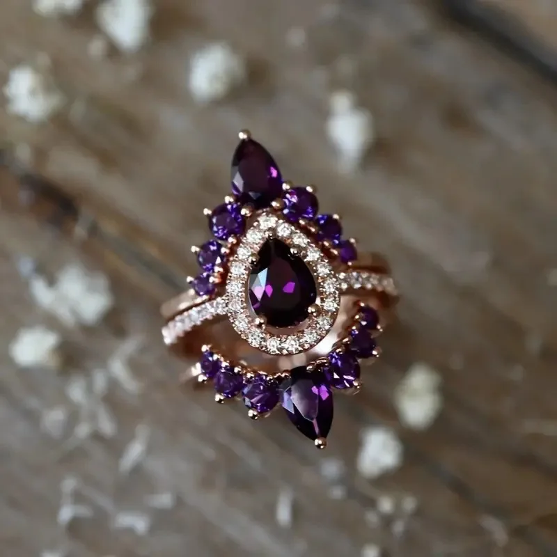 

Purple set zircon paired ring, retro noble simple and personalized women's finger, Halloween and Christmas jewelry gift