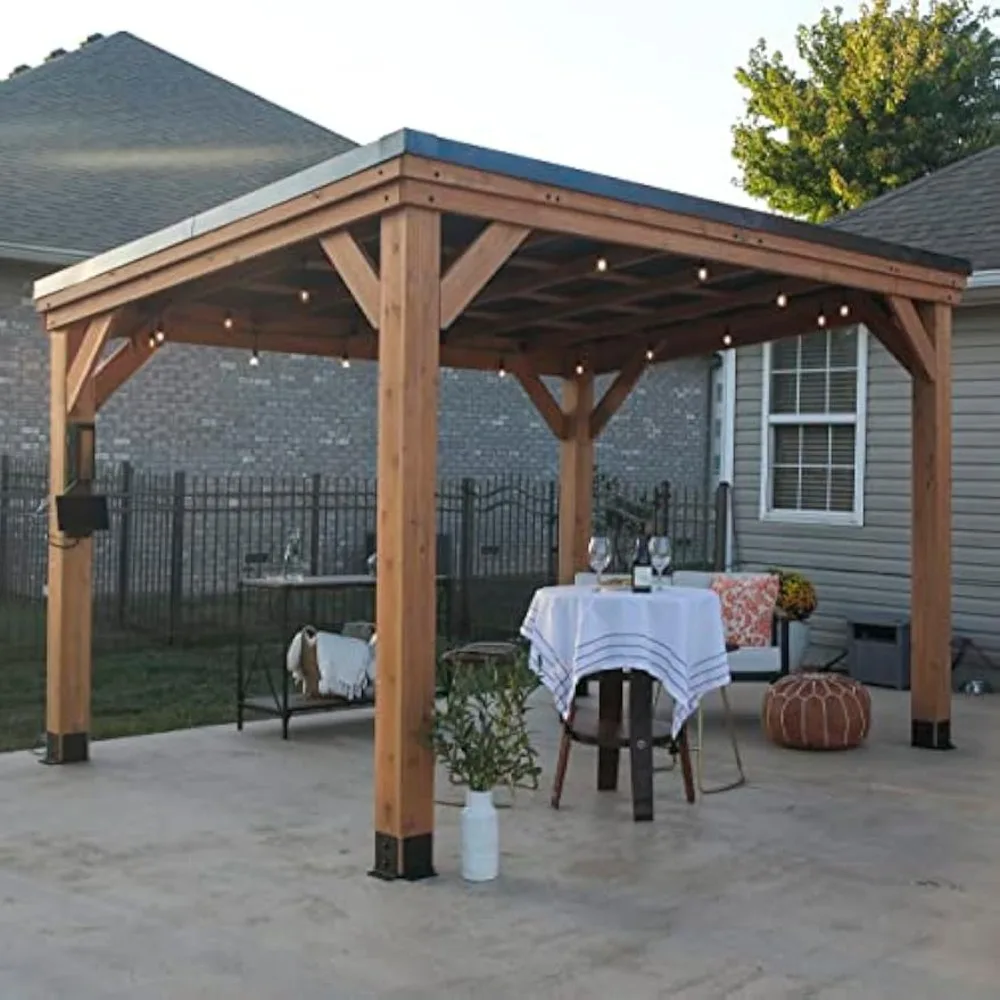 12' x 9.5' Cedar Outdoor Gazebo with Hard Top Galvanized Steel Sloped Roof, Snow Supports, Windproof, Garden Shade, Patio, Deck