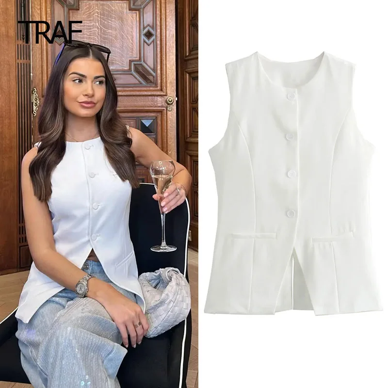 TRAF Women\'s Suit Vest Summer 2024 White Long Waistcoat O-Neck Sleeveless Vests New In Outerwears Elegant Luxury Women\'s Vest