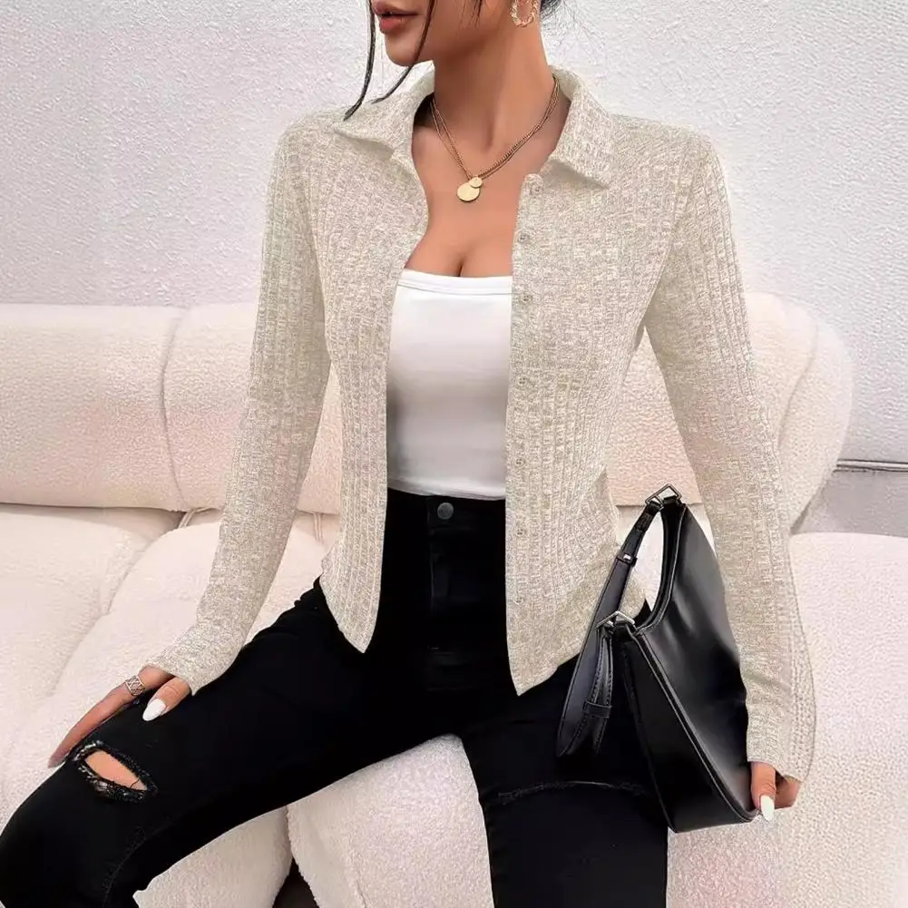 Women Knitwear Elegant Lapel Knitwear Coat for Women Stylish Slim Fit Cardigan Outwear with Long Sleeves Solid Color Single