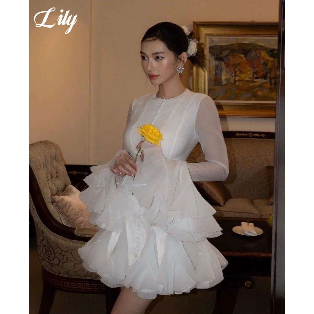 

Lily Elegant White Prom Dress 2026 Long Sheer Sleeve Layered Ruffle Mini Skirt Button Front Formal Evening Party Gown Customized