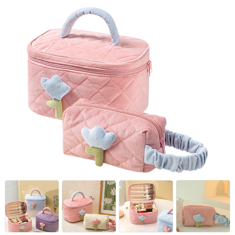 2개 세트 코듀로이 메이크업 가방 대용량 퀼팅 오거나이저 여행용 화장품 가방 여성용 다용도 메이크업 파우치 세트