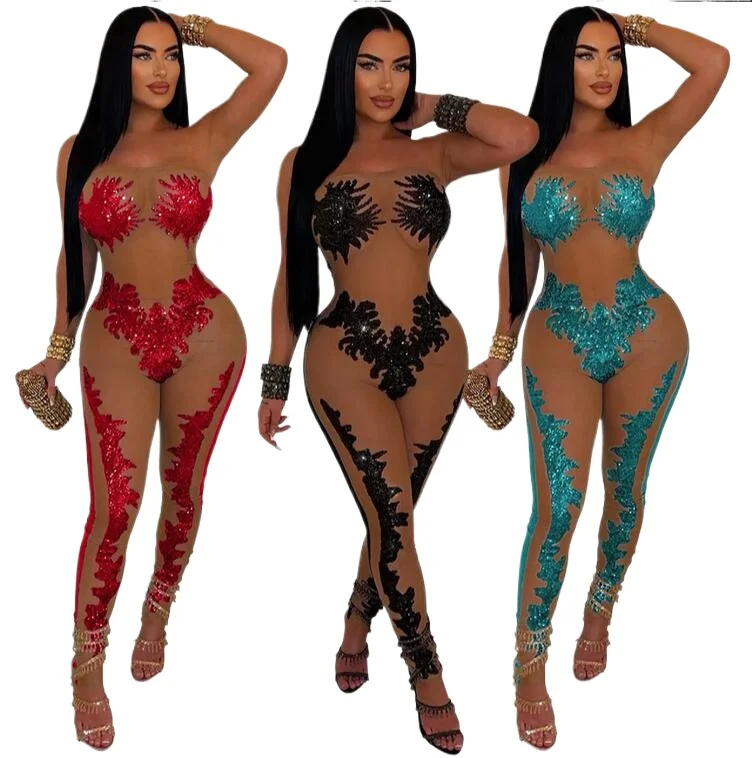 

2024 Summer Women strapless Fashion Sequined Mesh See Through Sleeveless Jumpsuits Sexy Party Club One Piece Suit Outfit