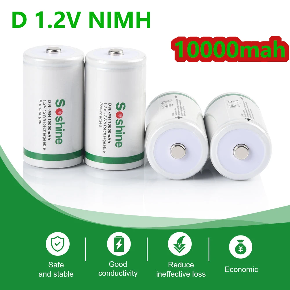 Soshine 1.2V D Size Li-ion Batteries 10000mWh LR20 Rechargeable Lithium Battery for Water Heater Radio Toy Flashlight Gas Stoves