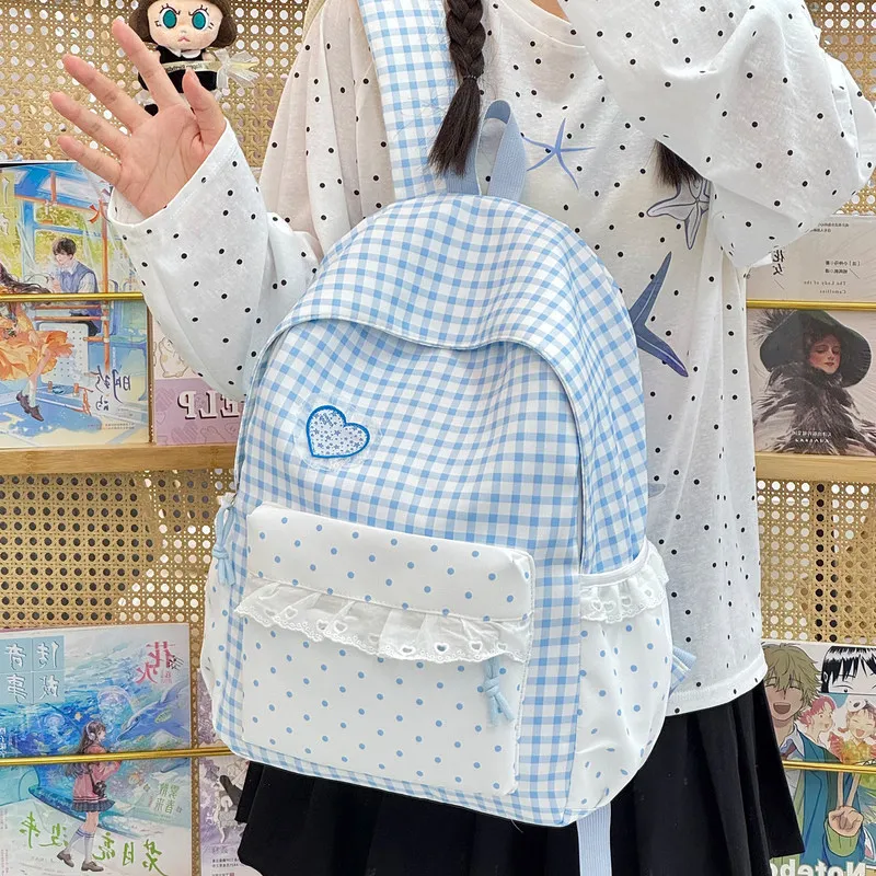 Japanese StyleinsWomen's windproof backpack2026New plaid polka dot school bag in college style for girls, suitable for middle an