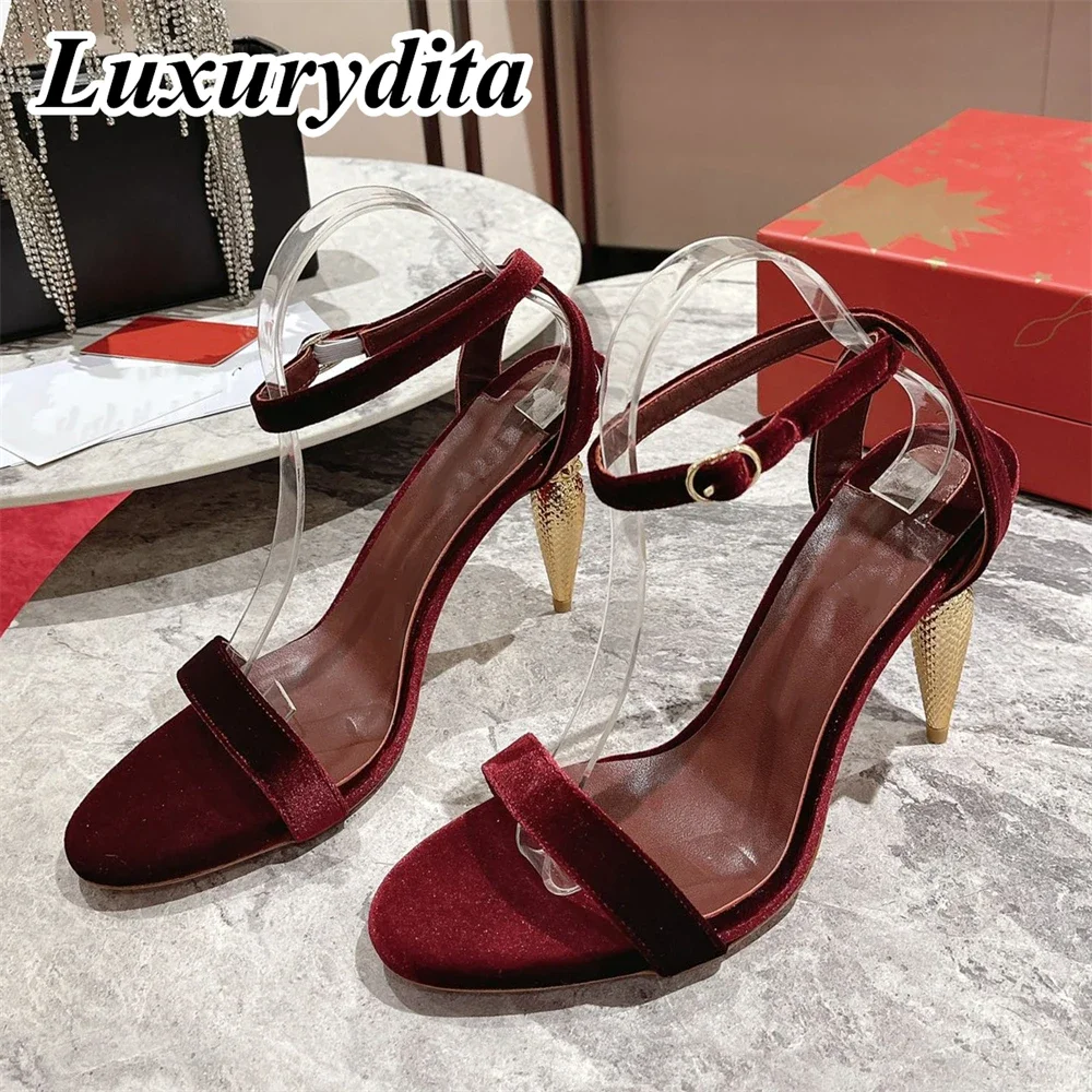 

LUXURYDITA Women Sandal Luxury 10CM High Heels Designer Customize Gilded scepter Red Heel Socialite Dinner Wedding shoes H1254