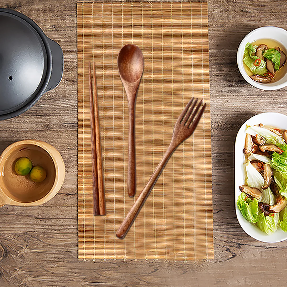 

6 pcs 1 Set Wooden Cutlery Set Brown Reusable Safe Scoops Smooth Tableware Practical Chopsticks Household Kitchen Supplies