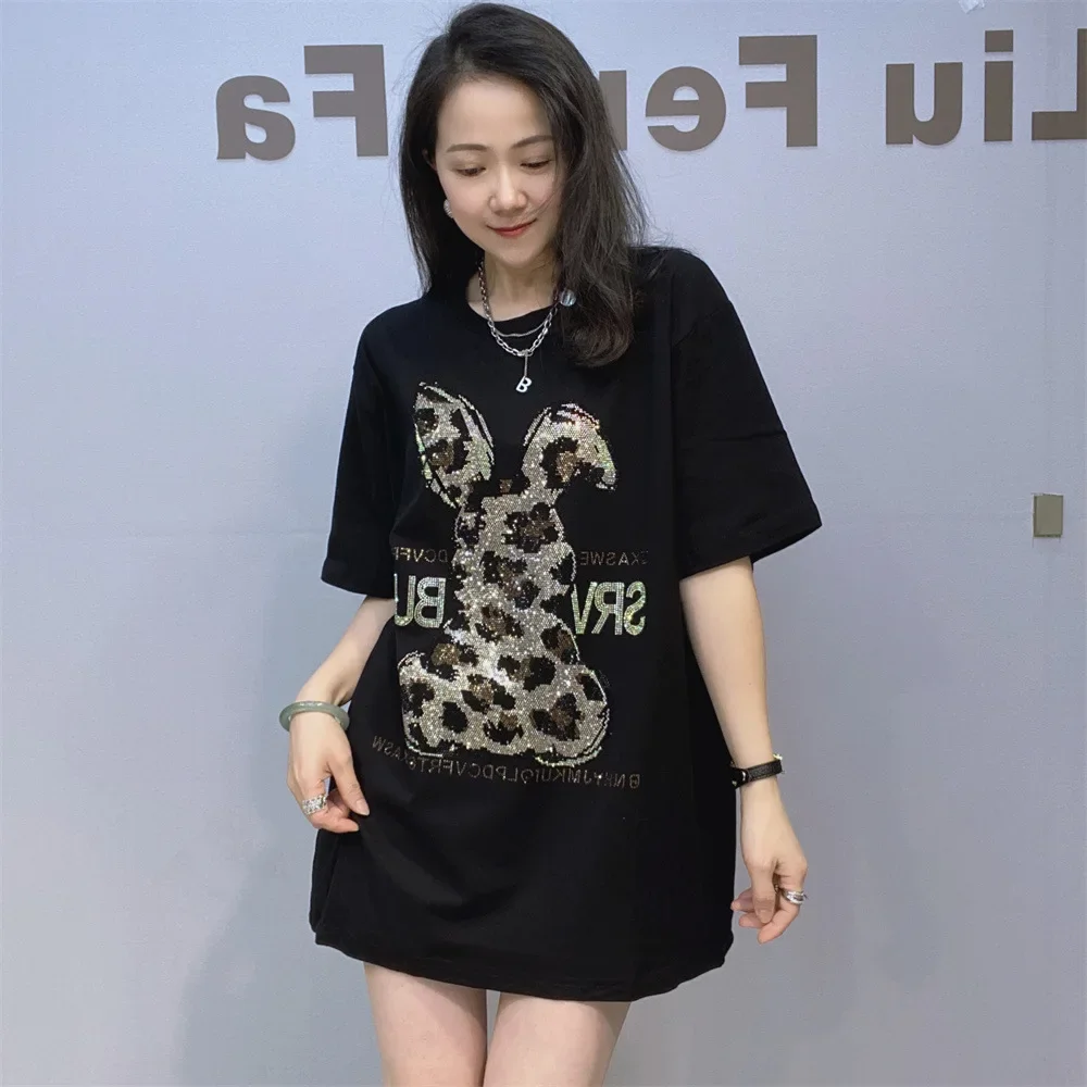 

Fashion Hot Drilling Short Sleeve Knitted Top Women Clothing Summer Cartoon Rabbit Pattern Casual Round Neck T-shirts Female