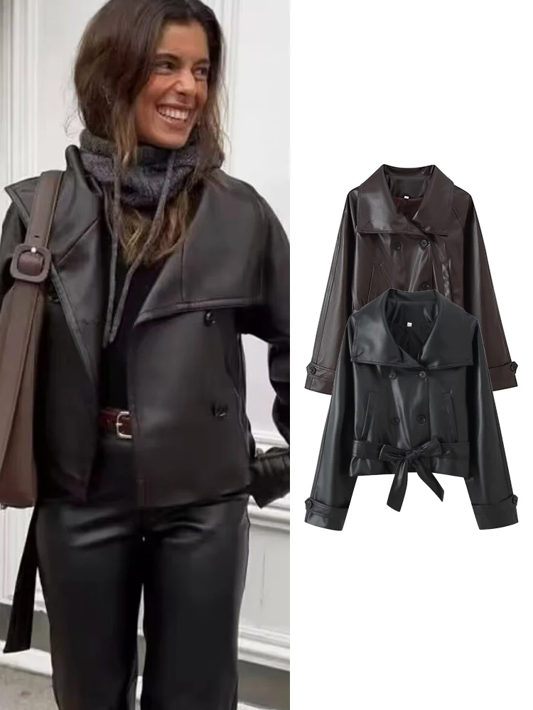 

Women PU Leather Short Jacket Coats Lapel Double Breasted Faux Leather Belt Coat High Street Fashion Loose Outwear Women