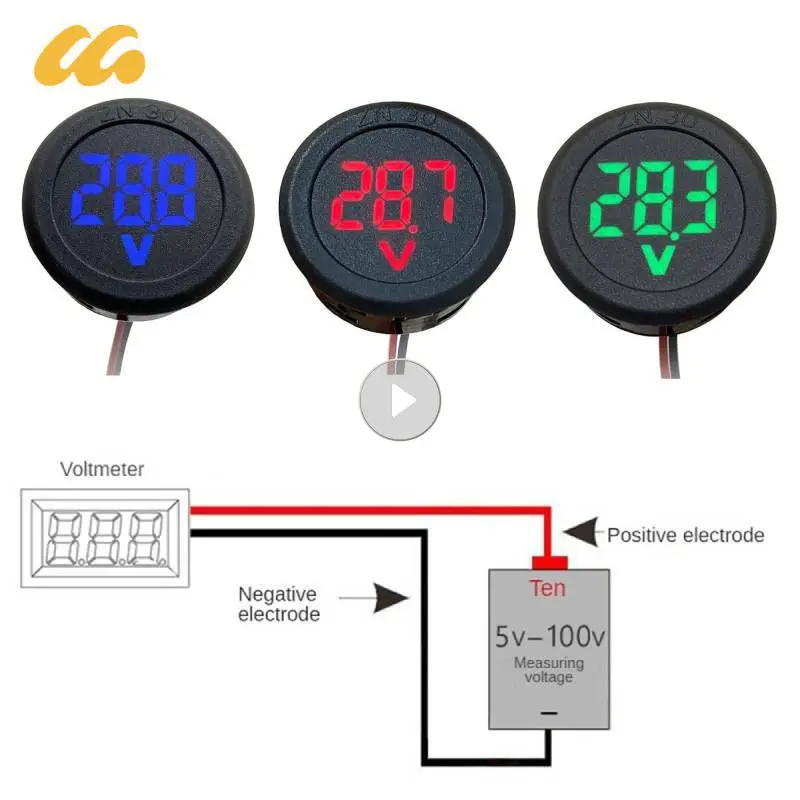 DC 4-100V DC Digital Reverse Protection Voltmeter Head Display LED Digital Display Round Two-wire Voltmeter Voltage Meters Tools