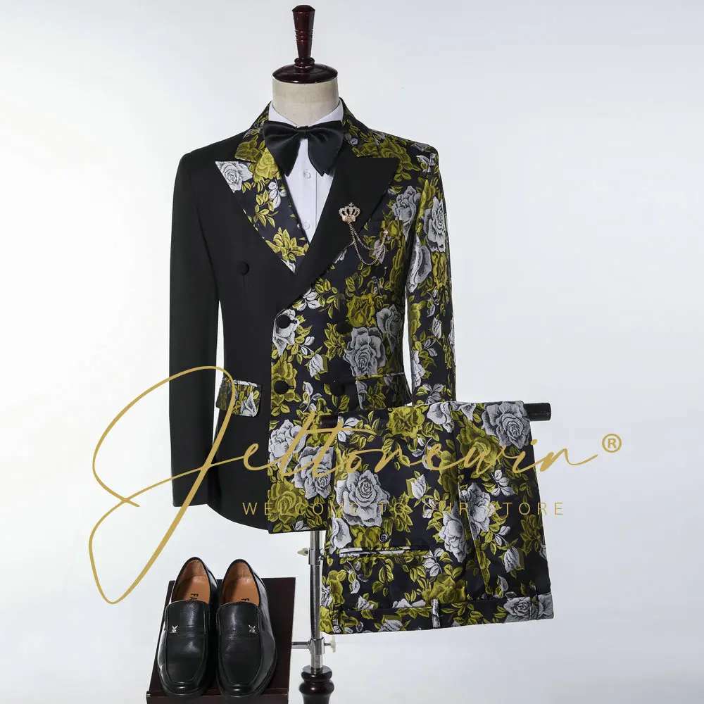 

Double Breasted Suits For Men Black Floral Fashion Tuxedo Formal 2 Piece Set Slim Fit Groomsmen Dinner Wedding Suits Groom Party