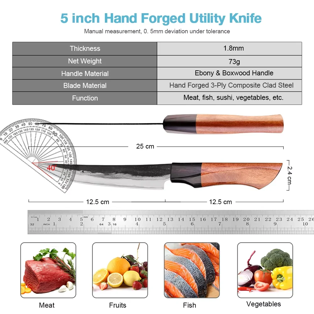 Handmade Forged Japanese Utility Knife 5 Inch Sharp Fruit Knife  Triple-layer Composite Steel Kitchen Paring Knife Cooking Tools