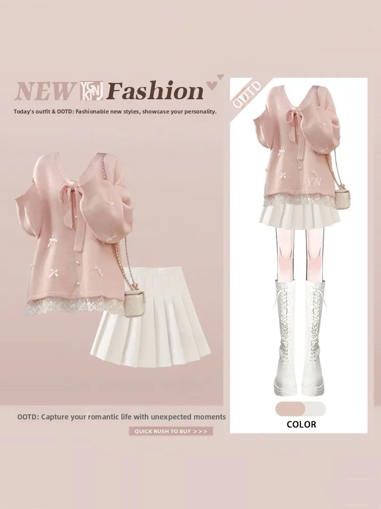 

Pure Desire Knot Lace Splice Sweet Pink Girl Knitted Sweater Winter Pleated ort Skirt Two Piece Set Casual Sle