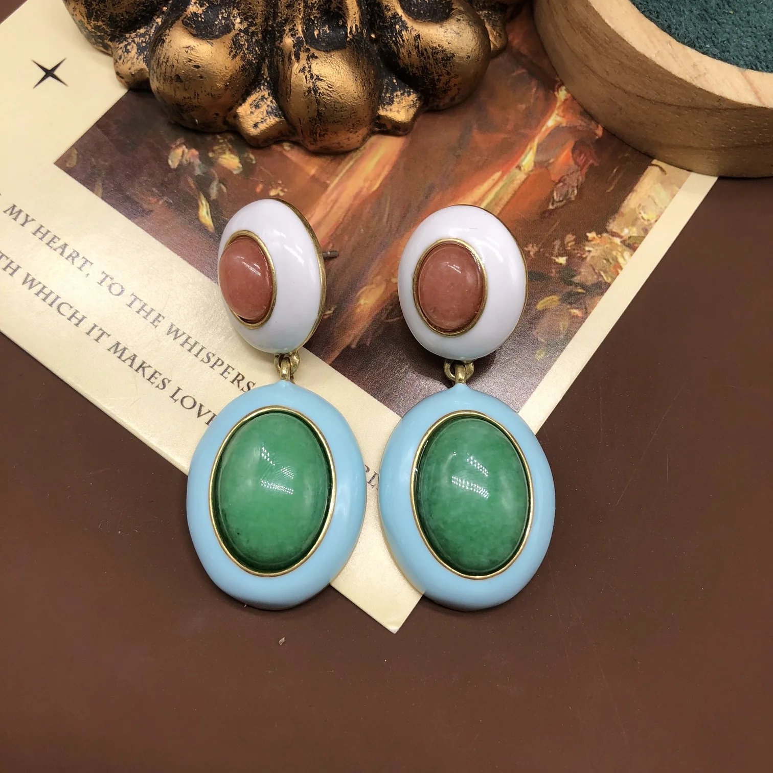 레트로 스타일 니치 드롭 글레이즈드 귀걸이 태슬 스터드 귀걸이