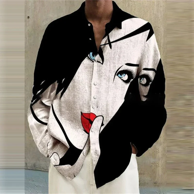 Abstract Face Shirts Portrait 3d Printed Shirts Men Women Fashion Hawaiian Shirt Long Sleeve Beach Blouse Mens Vocation Clothing