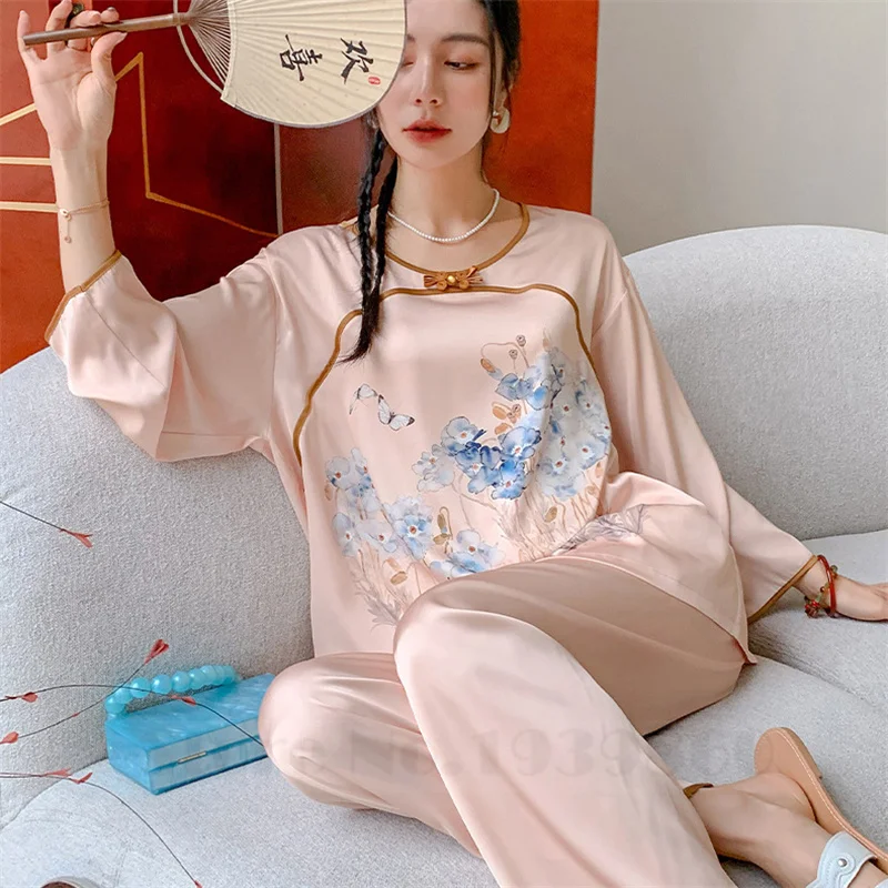 

Chiffon Satin Pajamas Sleepwear New Chinese Style Classic Elegant Trouser Pijamas Suits Spring Summer Print Home Wear Loungewear