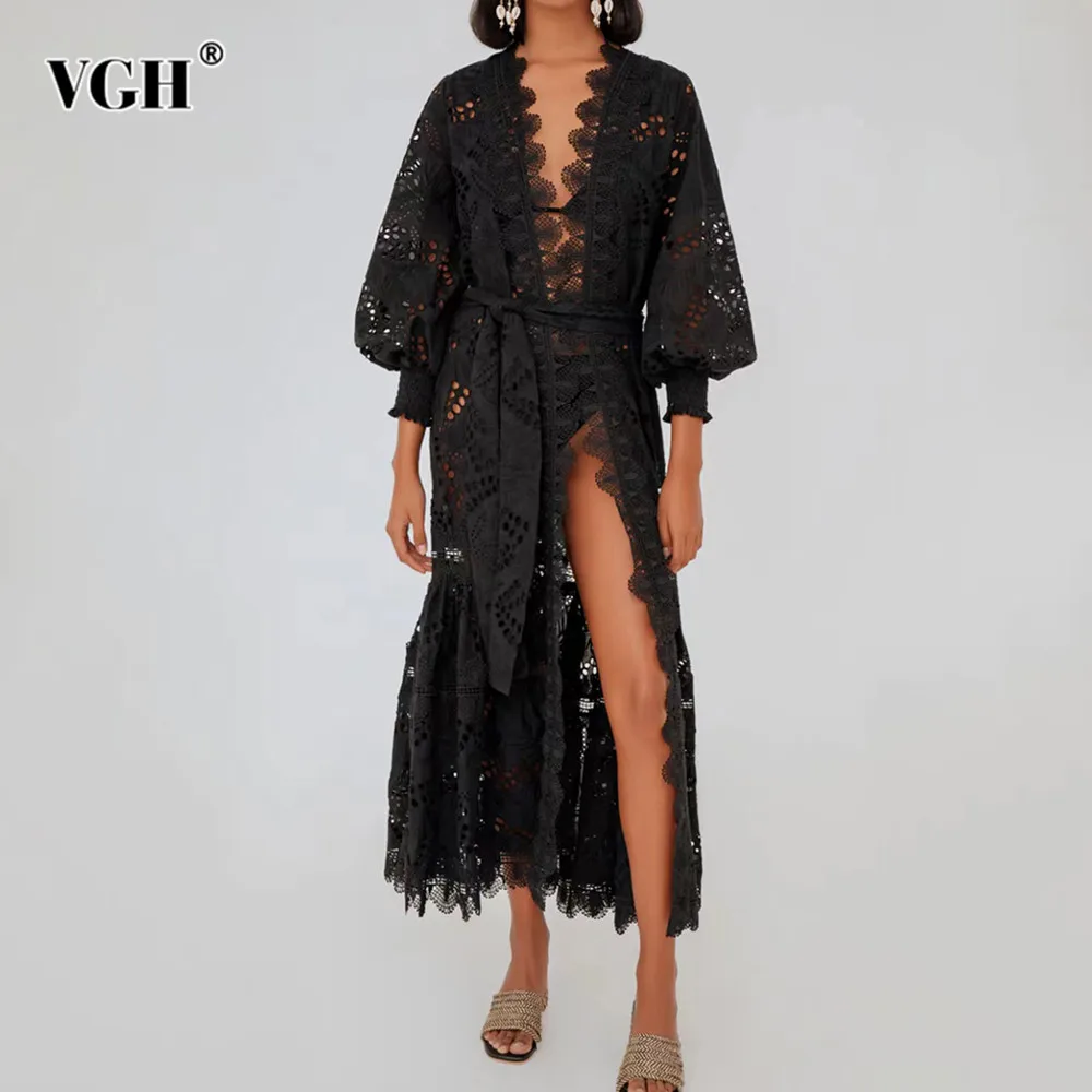 

VGH Solid Patchwork Lace Long Dress For Women V Neck Lantern Sleeve High Waist Spliced Lace Up Temperament Dresses Female New