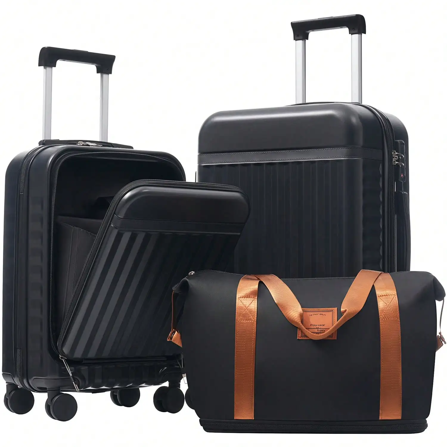 3‑Piece Front‑Opening Hardside Luggage Set,Black Expandable Carry‑On Suitcase with USB Port,TSA Lock,360° Spinner Wheels & Bonus Handle Bag,Lightweight Hard Shell Rolling Luggage for Business,Vacation & Overnight Travel Essentials