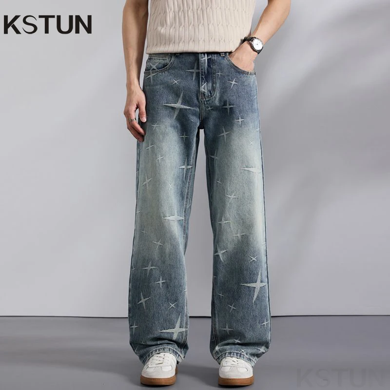 

KSTUN 2026 Men's Jeans Straight Leg Denim Pants Loose Fitness Fashion Patterns Design Vintage Streetwear Casual Trousers Cowboys
