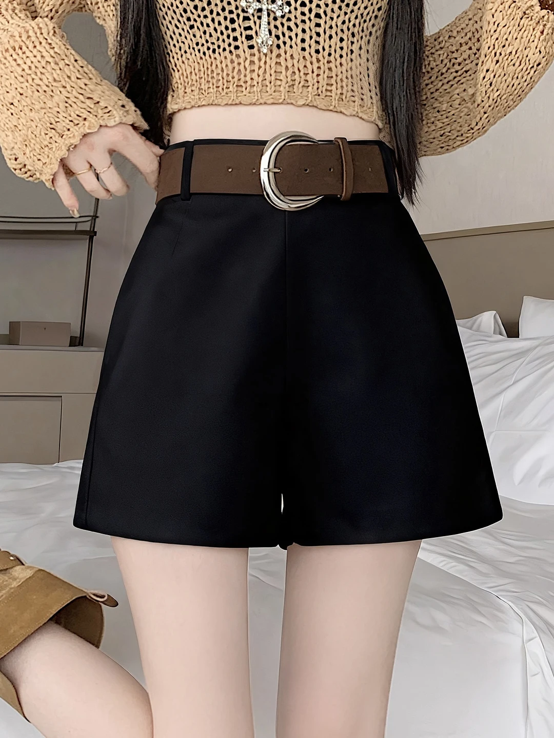 Slimming A-Line Tweed Suit orts for Women High Waist Wide Leg Bootcut Pants Korean Sle Commute Faion Casual Leisure