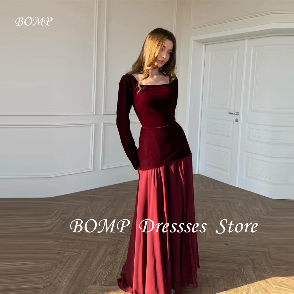 BOMP Simple Burgundy Formal Evening Dresses Velvet Long Sleeves Chiffon Skirt Prom Gowns Wedding Party Arabic Women Customized